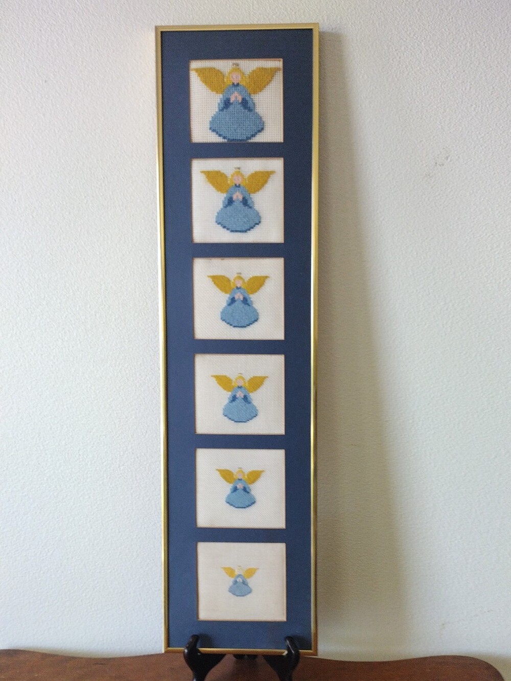 Vintage Needlepoint Crewel Embroidery Framed Ascending Angels Wall Art Picture